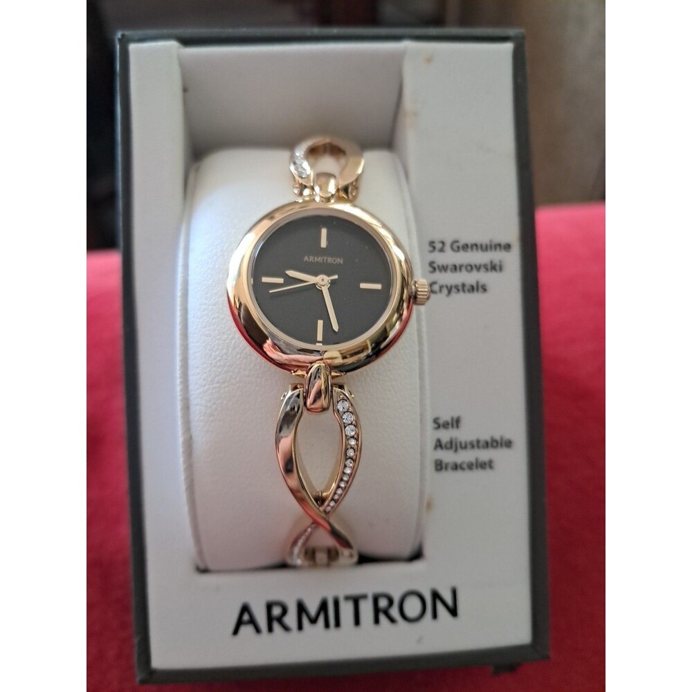 VIntage Armitron Womens Watch Black Face Gold Tone 52 Genuine Swarovski Crystals